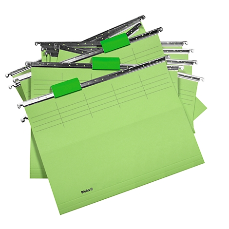 Stack of green hanging files with green tabs and metal rails.