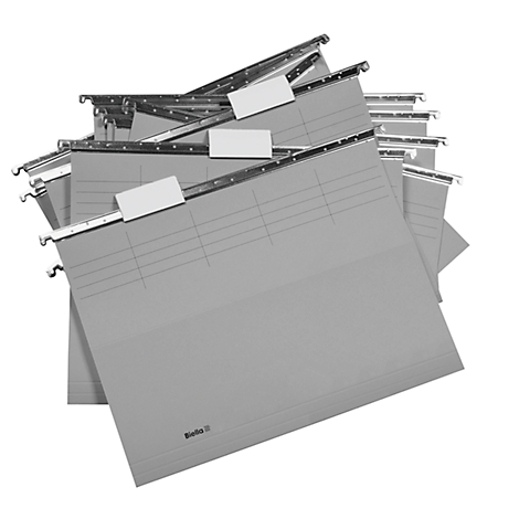 Gray hanging files, partially overlapping. With white label fields on top. Lines for labeling.
