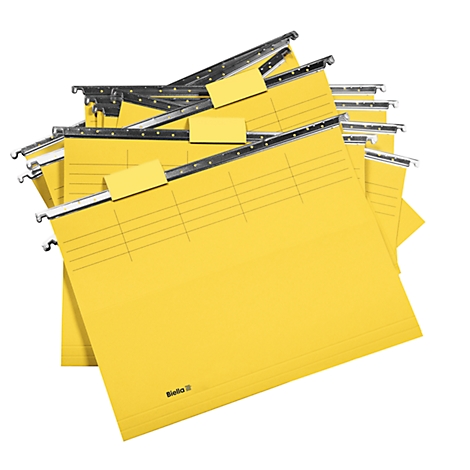 Yellow hanging file folders with metal frame and labels. The 'Biella' logo is visible.