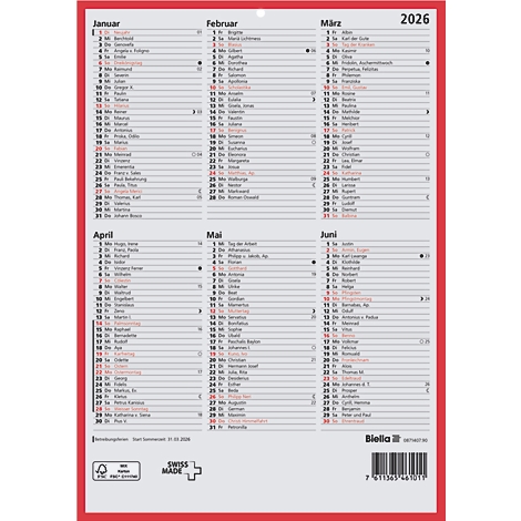 Kalender für 2026 mit Monatsnamen und Tagesdaten in grauer Schrift auf hellem Grund, roter Rahmen.