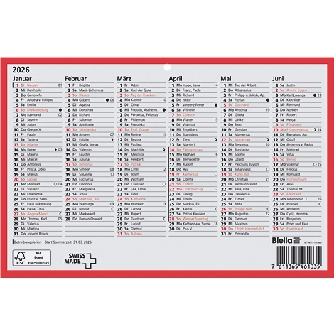 Ein Wandkalender für 2026. Das Kalenderblatt zeigt die Monate Januar bis Juni mit Namenstagen und Feiertagen.