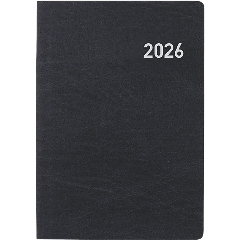 Schwarzes Notizbuch mit der weissen Jahreszahl 2026. Die Oberfläche ist leicht strukturiert.