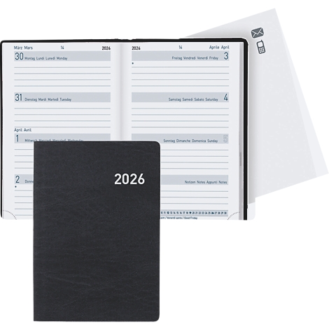 Ein schwarzes Notizbuch mit der Aufschrift 2026 liegt neben einem geöffneten Kalender mit Linien und Datumsangaben.