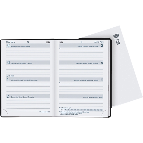 Geöffnetes Notizbuch mit Kalenderseiten. Eine lockere Seite mit Symbolen für E-Mail und Telefon. Datumsangaben deutlich sichtbar.