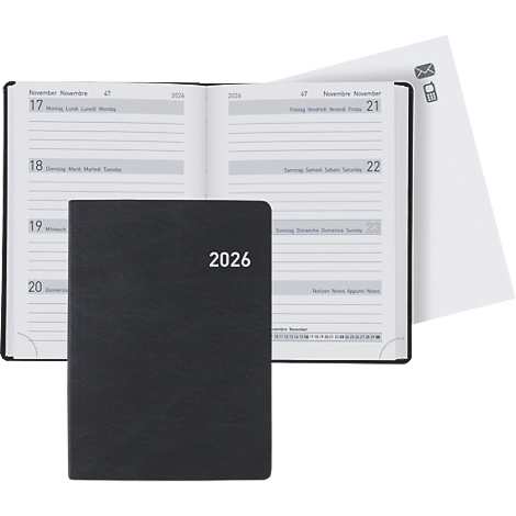 Schwarzer Terminkalender mit dem Jahr 2026. Geöffnet, zeigt Wochenübersicht. Daneben liegt ein Blatt mit Symbolen.