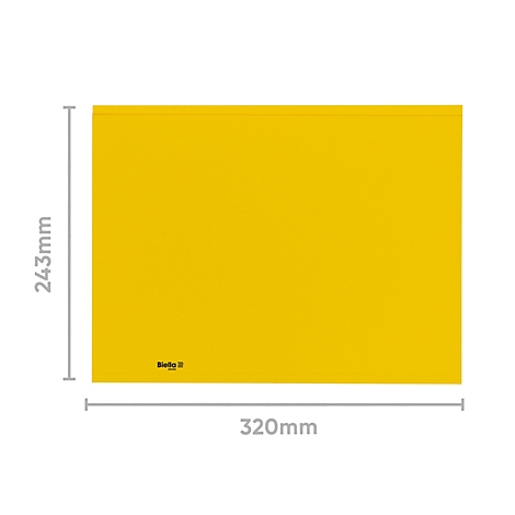 Gelbes, rechteckiges Papier, Masse: 243mm x 320mm. Auf dem Papier ist ein kleines Logo.