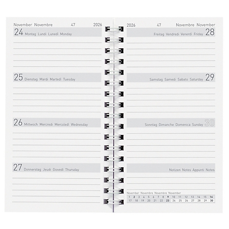 Ein offener Terminkalender mit Spiralbindung zeigt die Tage vom 24. bis 30. November 2026.