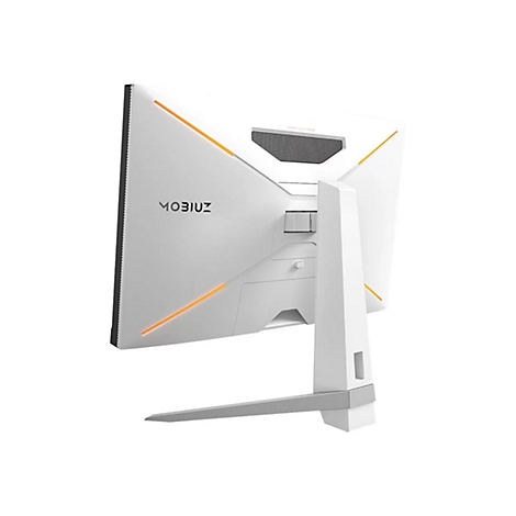 Le moniteur de jeu MOBIUZ blanc est montré de dos, avec des accents orange et un support argenté.