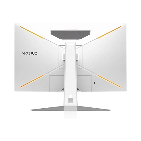 Weißer Monitor mit MOBIUZ-Logo, gelben Zierstreifen und Standfuß.