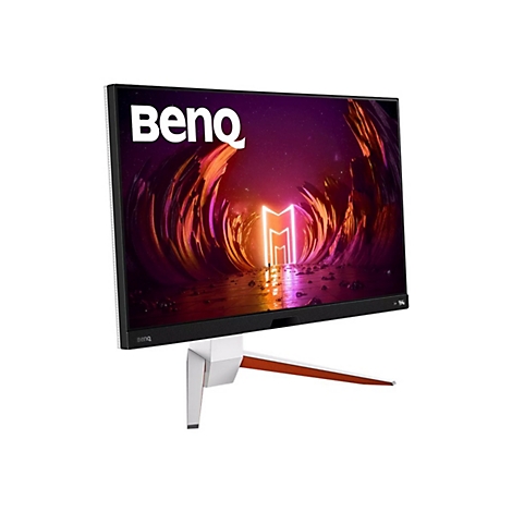 Ein BenQ-Monitor mit weißem Rahmen und orangefarbenem Standfuß. Auf dem Bildschirm ist ein abstraktes, farbenfrohes Design zu sehen.