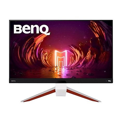 Monitor mit BenQ-Logo, zeigt eine futuristische Landschaft in Orange- und Lilatönen. Der Standfuß ist weiß mit roten Akzenten.