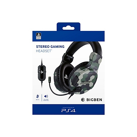 Draufsicht auf ein Stereo-Gaming-Headset in einer Verpackung. Das Headset hat Camouflage-Muster und einen Mikrofonarm. Auf der Verpackung stehen Texte wie PS4 und BIGBEN.