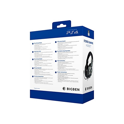 Verpackung eines Stereo-Gaming-Headsets fÃ¼r die PS4, blau und weiÃŸ, mit Produktabbildung.