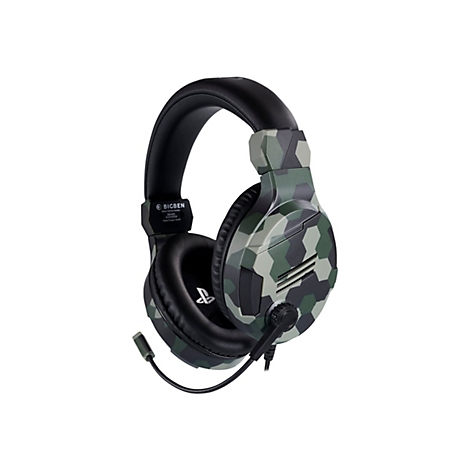 Schwarzes Headset mit grÃ¼n-grauem Camouflage-Muster. Der Mikrofonarm ist an der linken HÃ¶rmuschel befestigt.