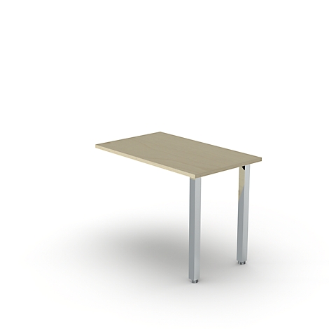 Bureau met houten blad en twee zilveren poten, tegen een witte achtergrond.