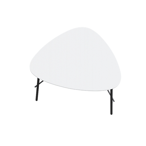 Witte, driehoekige tafel met zwarte poten. De tafel staat geïsoleerd op een witte achtergrond.