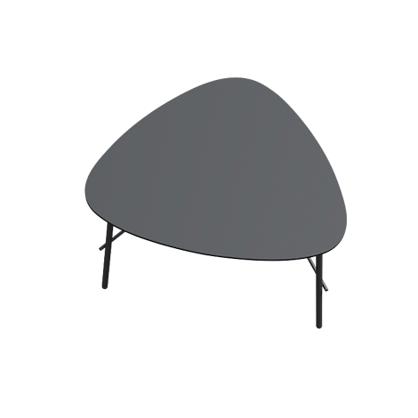 Grijze, druppelvormige tafel met zwarte poten. Het tafelblad is matgrijs.