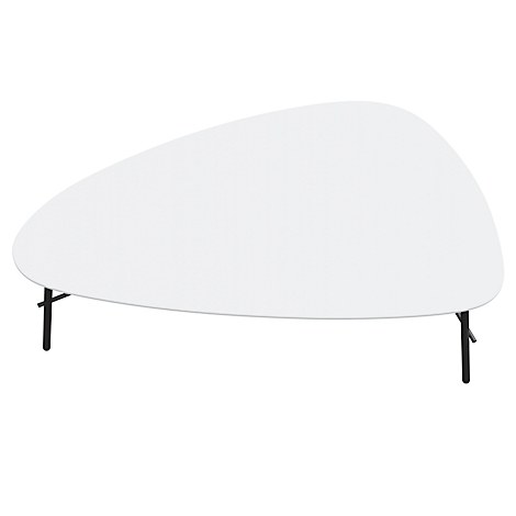 Witte, druppelvormige salontafel met zwarte poten. Strakke lijnen en modern design.