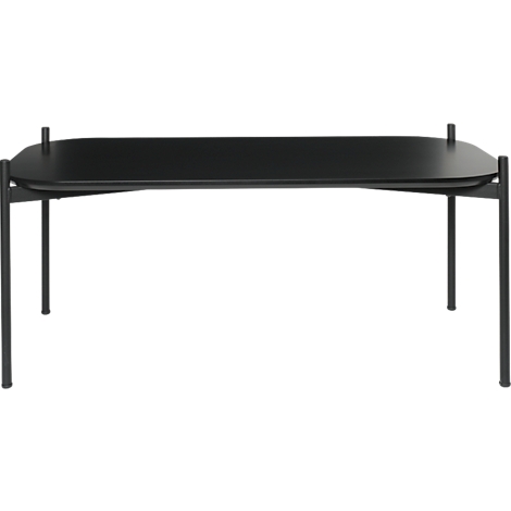 Een zwarte, ovale tafel met slanke, zwarte poten. De tafel staat tegen een witte achtergrond.