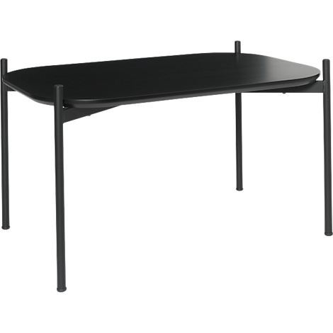 Zwarte salontafel met afgeronde hoeken en metalen poten, geïsoleerd op een witte achtergrond.