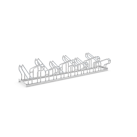 Metal bike rack, silver-colored, against a white background. Contains multiple parking positions.