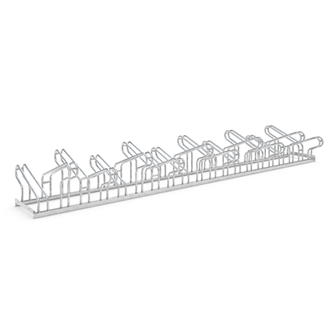 Metal bicycle rack, silver. Multiple stands for bicycles, freestanding.