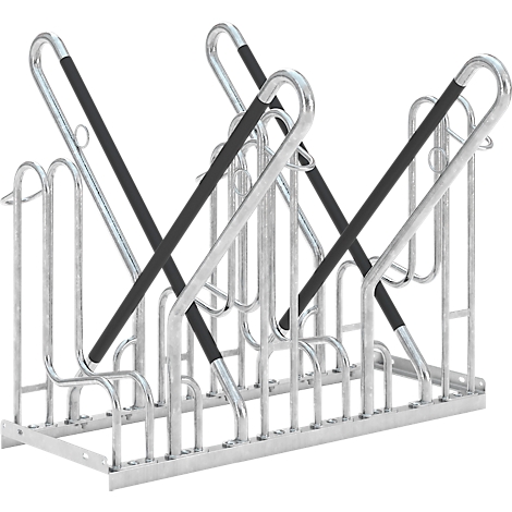 Metal bicycle rack; silver base structure with black crossbars.
