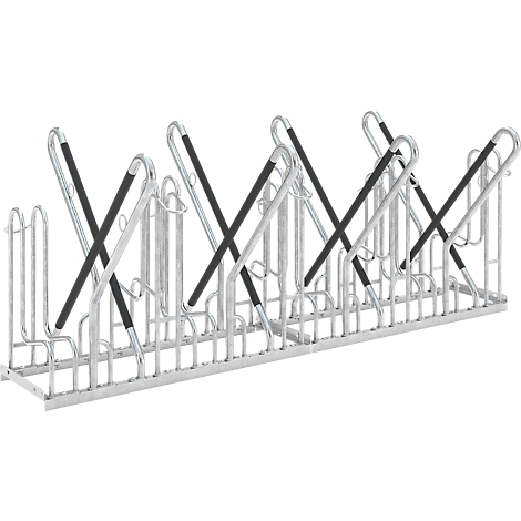 Metal bicycle rack with black supports. Freestanding for multiple bikes.