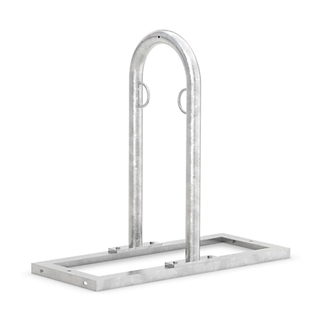 Metal bike rack, U-shaped, rectangular base, details with two small rings.