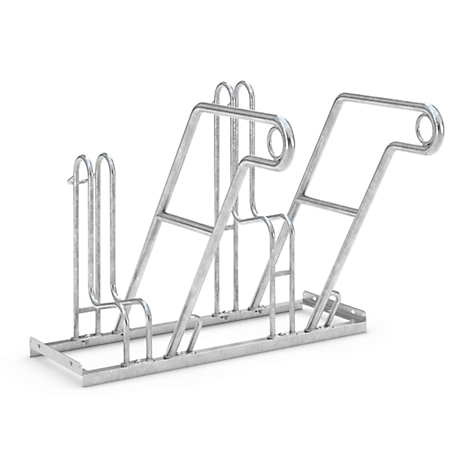 Metal bike rack. Two arches for the wheel mounts. Metal frame with rounded shapes and a bracket for screwing on.