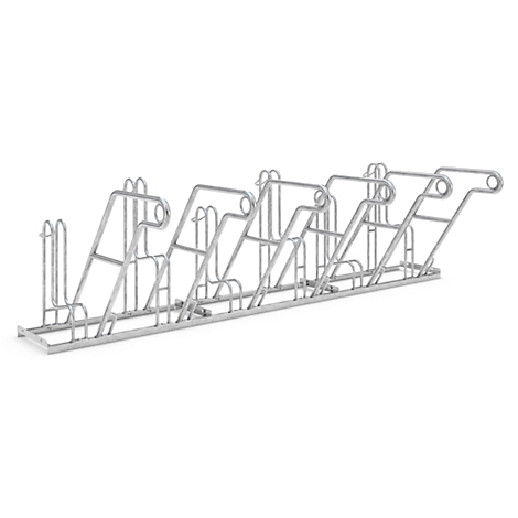 Metal bike rack with multiple bike holders arranged in a row.
