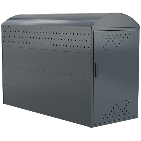 Grey bicycle storage cabinet with a rounded roof, dotted pattern, and door.