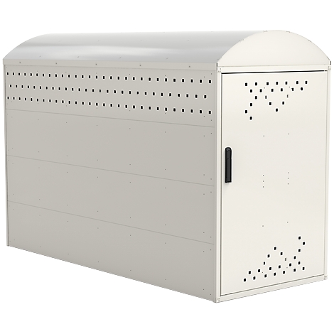 Beige metal cabinet with a rounded roof. It has holes, a door with handle.