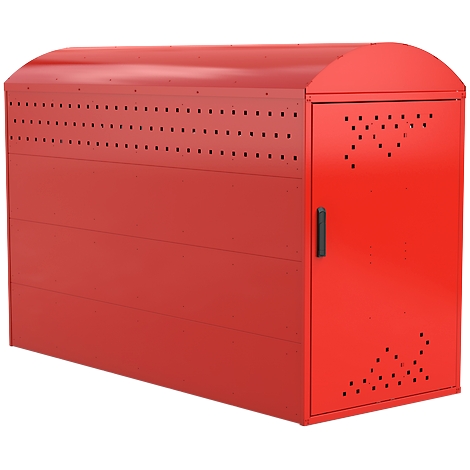Red metal bike storage cabinet with hole pattern and door.