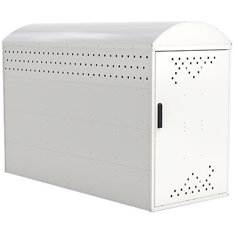 White bike shed with rounded roof, dotted pattern and door with black handle.