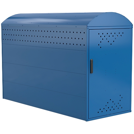 Blue bike storage cabinet with arched roof and dotted pattern. It has a door with black handle.