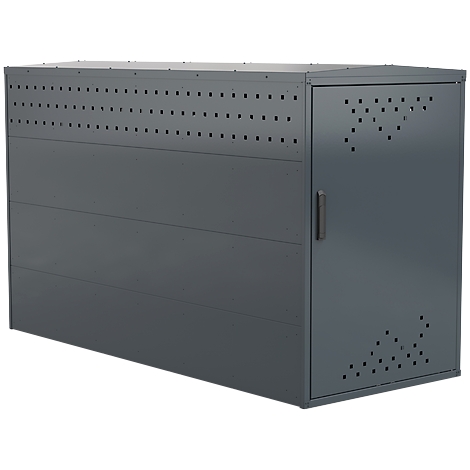 Dark gray metal cabinet with perforated ventilation holes, door and handle.