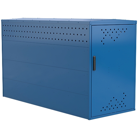 Blue rectangular metal cabinet with perforated top and door with handle.