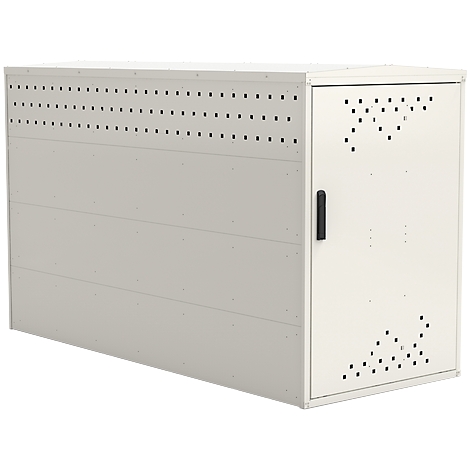 A cream-colored, rectangular cabinet. It has a door with a black handle and ventilation holes.
