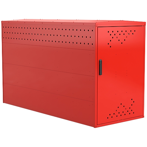 Red, rectangular cabinet, with openings for ventilation and a door with a handle.