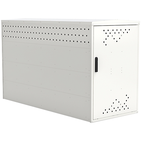 White metal cabinet with black handle and a hole pattern. A cabinet with a rectangular shape for outdoor use.
