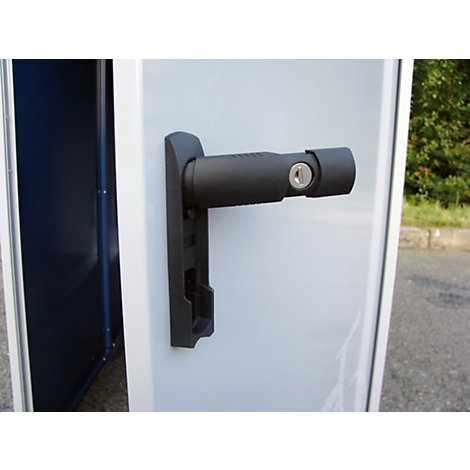 Black door handle with cylinder lock on a white door, a blue open cabinet in the background.
