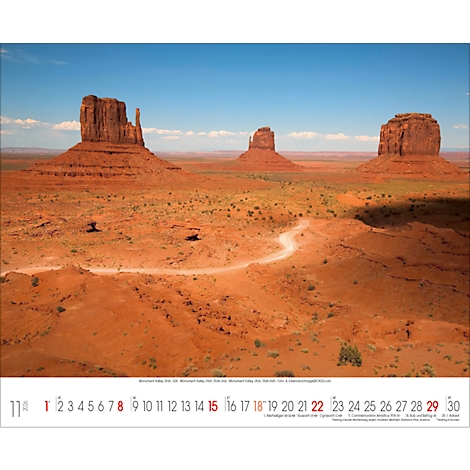 Panoramafoto von Monument Valley mit rotem Felsformationen und blauem Himmel. Im unteren Bereich ein Kalender für November.