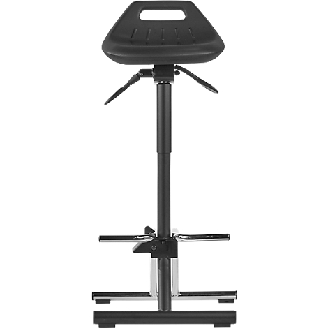 Black, height-adjustable work chair with footrest, photographed from the front.