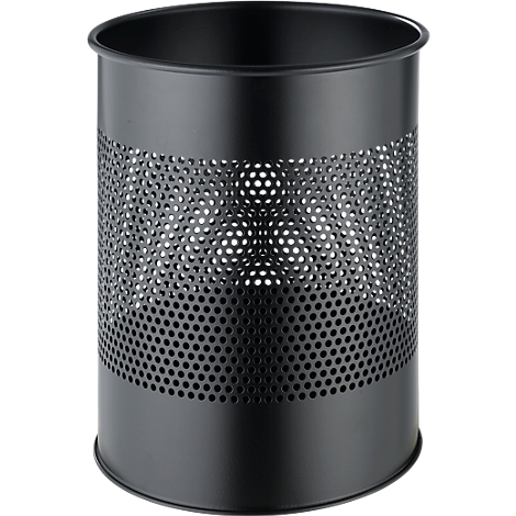 Black, cylindrical waste bin with holes forming a pattern. The top rim and base are smooth.