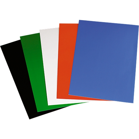 Various colored sheets, arranged in a fan. Black, green, white, orange, and blue.