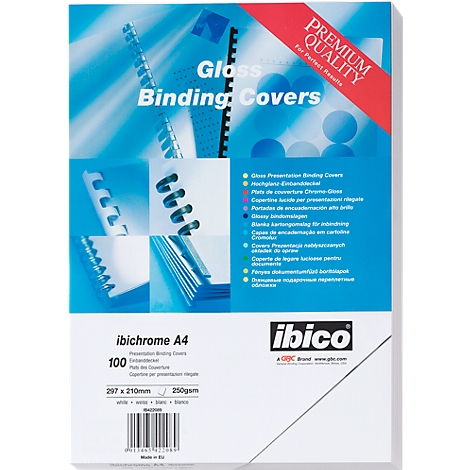 Package of Glass Binding Covers, blue and white design. Contains product information and logos.