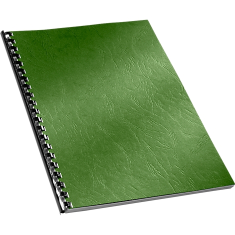 A green notebook with spiral binding, slightly tilted in front of a white background.