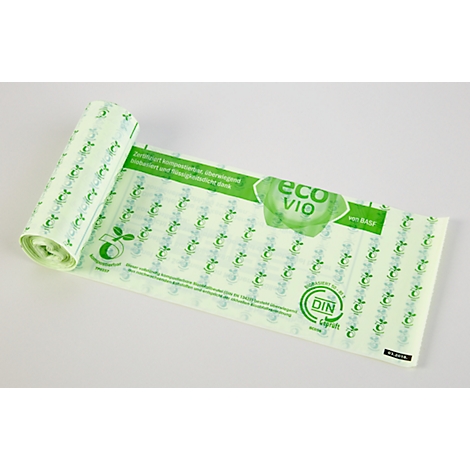 Roll of compostable garbage bags, light green with logo and lettering.