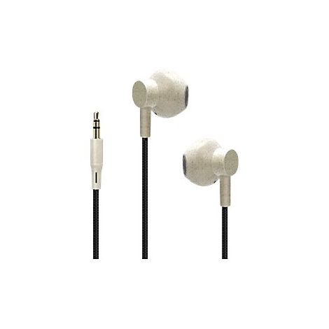 Beige In-Ear-Kopfhörer mit schwarzem Textilkabel und 3,5-mm-Klinkenstecker vor weißem Hintergrund.